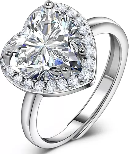 Simulated Gemstone Birthstone Adjustable Rings for Women 10 * 10mm Heart Promise Rings for Her, 925 Sterling Silver Plated Engagement Rings for Women Birthday Jewelry Gifts