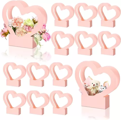 Sinmoe 12 Pcs Wedding/Baby Shower Heart Shaped Boxes for Flowers Gift Bag Empty Bouquet Gift Bags with Handle Folding Basket for Bridal Shower Anniversary Party Supplies(Pink)