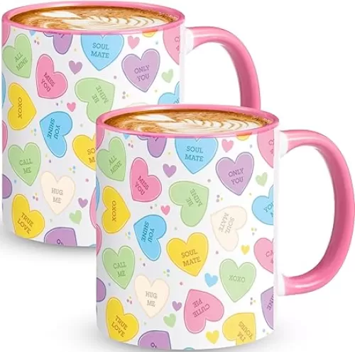 Sliner 2 Pcs Conversation Heart Mugs Ceramic Coffee Cups Love Couple Mug Set for Anniversary Wedding Engagement Couple Gifts