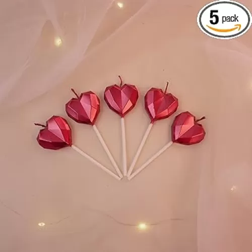 Sparkler Candles - Heart Shaped, Metallic Red, 5pcs for Birthday Cake and Party