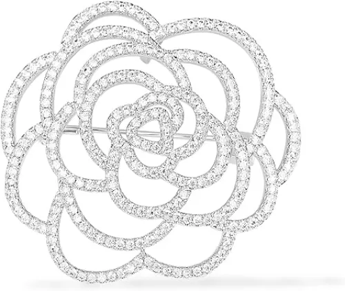 Sparkling Crystal Cut Rose Flower Pave Crystal Camellia Boutonniere Pin Brooch Corsage Blooming Heart Shaped Floral Jewelry for Women