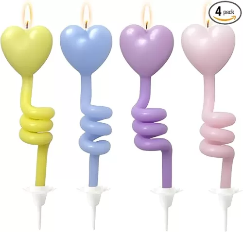 Spiral Happy Birthday Candles, Set of 4 Multi-Colored Heart-Shaped Birthday Cake Candles, Perfect for Birthday Parties, Celebrations and Cake Decorations