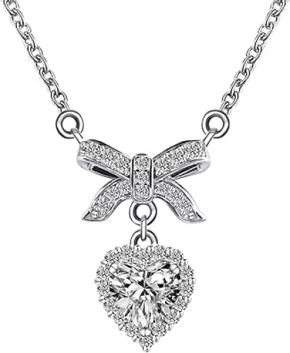 Sterling Silver Necklace for Women with Pendant DF Color VVS Clarity Lab Created Diamond Heart Moissanite Necklaces Choker Necklace with 18K White Gold Plated, 16 inch + 2inch Chain