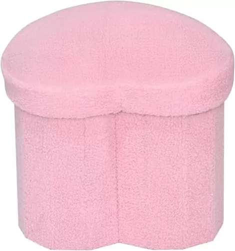 Storage Ottoman Cube – 15" Foldable Pink Heart Shaped Faux Teddy Fur Boucle Ottomans Footrest Bench for Any Room