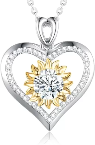 Sunflower Moissanite Heart Necklace for Women, Anniversary Birthday Gift for Wife, S925 Silver Moissanite Lab-Created Gem Jewelry for Her Girlfriend Mom