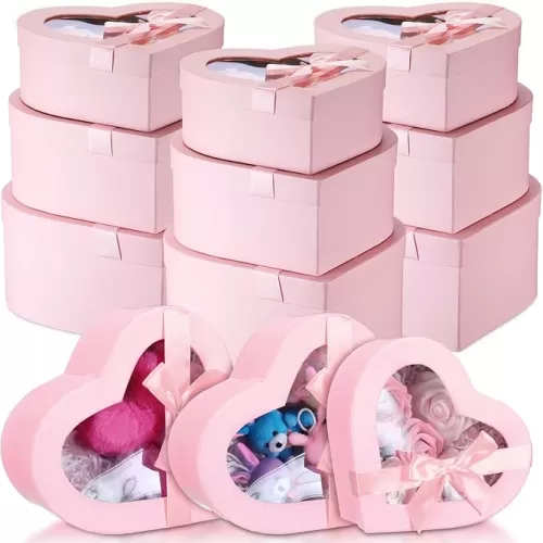 Suzile 9 Pcs Valentine‘s Day Heart Shaped Flower Gift Boxes with Transparent Window 3 Sizes Valentines Cardboard Floral Box for Wedding Party Present Wrapping Packaging(Pink)