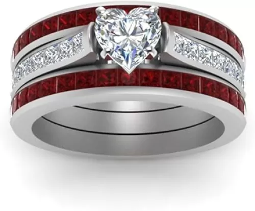 Three-in-One Heart Halo Wedding Engagement Band Ring Set Ruby Heart-shaped Three-layer Ring Set Cubic Zirconia Promise Eternity Statement CZ Anniversary Simulated Gemstone Rings for Women Size 10