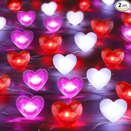 [Timer] 2 Pack Valentines Day Decor 20FT 60 LED Heart Twinkle Fairy Lights Battery Operated, 8 Modes Romantic Red Pink White Heart String Lights Valentines Decorations for Home Party Bedroom Wedding