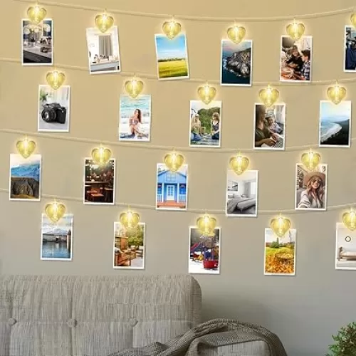 Twinkle Heart Photo Clips String Light, 10ft Led Fairy String Lights Warm White with Heart Clips, Battery Operated Photo Clip String Lights for Bedroom Wall Patio Wedding Party Valentines Day Decor