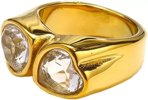 Unisex Stainless Steel Personality Simple Chunky 2 Colored Heart Shaped Gemstone Ring Punk Peach Heart Wedding Band