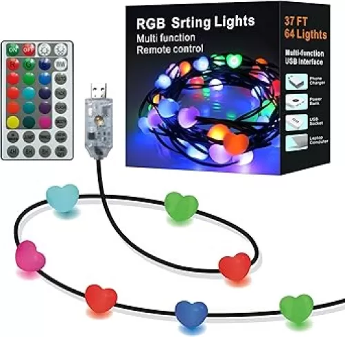 USB String Lights 37 FT 64 LED- Multi Color Twinkle Lights with Remote Indoor & Outdoor Fairy Lights Waterproof for Holiday Christmas, Bedroom, Wedding Decor Camping String Lights, 10M-Heart