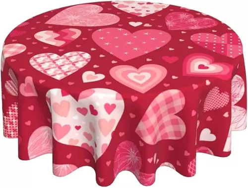 Valenitine's Day Tablecloth Round 70 Inch Red Pink Hearts TableCloths Love Table Cloths Waterproof Wrinkle Resistant Polyester Table Cover for Home/Kitchen/Dining Room/Party/Picnic