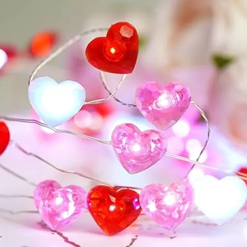 Valentine Decor - 10 ft 40 LED Red, White, Pink Heart String Lights with Timer - Battery Operated Indoor/Outdoor Valentine