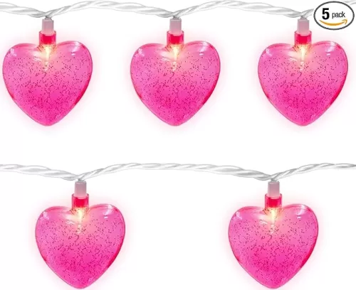 Valentine Pink Heart String Lights, 8.5Ft Valentine Day Lights with 10 3D Shiny Glitter Valentine Heart LED Lights Plug in Indoor for Mother's Day Wedding Party Valentine's Day Decor