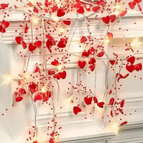 Valentine's Day Decor 10FT 30 LED Heart Lights String - Red Battery Operated Garland for Mantle Tree, Romantic Decoration for Home Bedroom