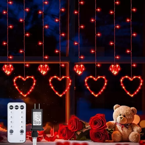 Valentines Day Decor, Red Love Heart String Lights for Bedroom, 12 Hearts 138 LED Fairy Twinkle Lights with Remote, 8 Lighting Modes Connectable Window Lights for Valentine