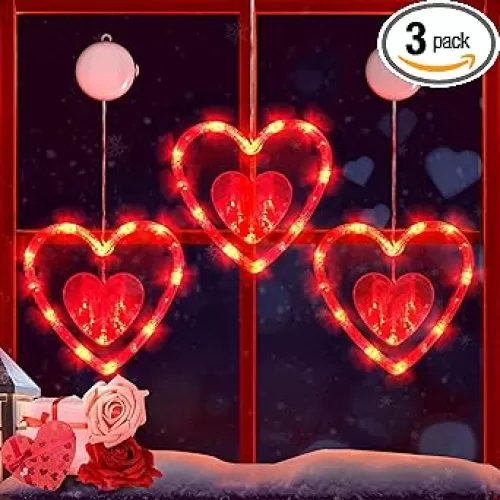 Valentine's Day Window Lights Decorations, 3PCS Red Heart Shaped Valentines String Lights with Suction Cup, Timer, Battery Operated Indoor Lights for Valentines Day Home Wedding Anniversary