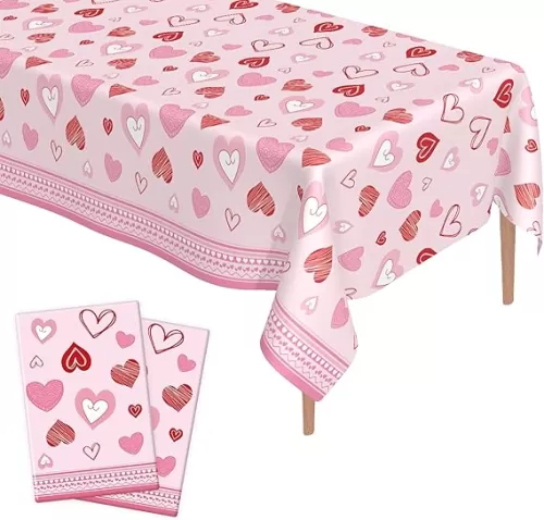 Valentines Tablecloth, 2Pcs Pink & Red Heart Tablecloth Plastic, 54x108 Inch Rectangle, Waterproof & Oil-Resistant, Perfect for Valentine