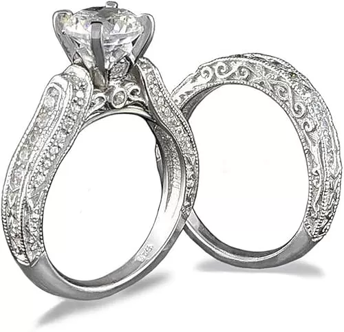 Venetia Top Grade Realistic Hearts and Arrows Cut 2 Carats Simulated Diamond Vintage Victorian Pave Ring Band Set 925 Silver Platinum Plated Art Decor Princess Wedding Engagement Solitaire (7, 2.00) (7, 1.5)