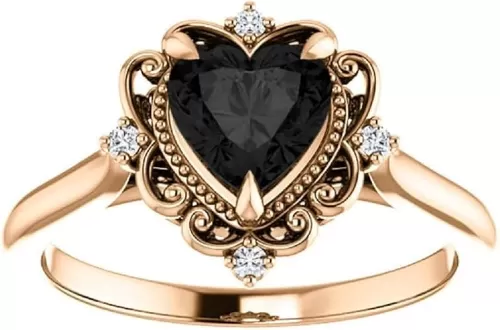 Vintage Halo Black Heart Ring 10K Rose Gold, Victorian 1 CT Heart Black Onyx Ring, Antique Black Diamond Engagement Ring, Black Moissanite Ring, Perfact Gift for Wife