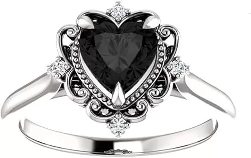 Vintage Halo Black Heart Ring 10K White Gold, Victorian 1 CT Heart Black Onyx Ring, Antique Black Diamond Engagement Ring, Black Moissanite Ring, Perfact Gift for Wife