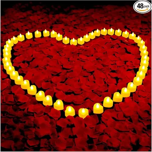 VIPbuy 3000 Pcs Artificial Rose Petals with 48 Pcs Heart Flameless Candles Battery LED Tea Lights Candles Set Valentine