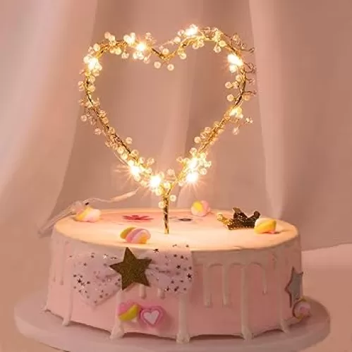 Wedding Cake Toppers Love Heart Pearl Cake Toppers with LED Light for Birthday Wedding Engagement Anniversary Cake Decorations