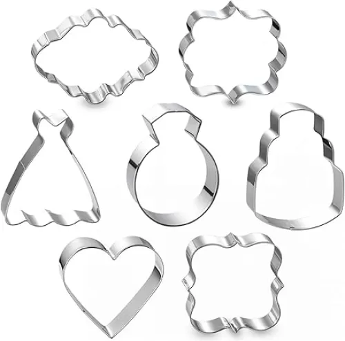 Wedding Cookie Cutter Set-7 Piece-3 Inches-Heart, Diamond Ring, Wedding Cake, Wedding Dress, Rectangle, Square and Oval Plaque Cookie Cutters Molds for Bridal Shower Engagement