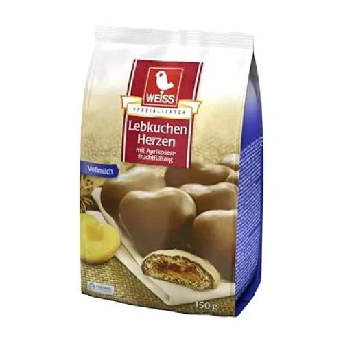 WEISS Milk Chocolate Lebkuchen Herzen gingerbread hearts with apricot jelly filling 150g/1ct.