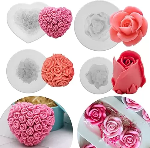 Whaline 4Pcs 3D Rose Silicone Mold - Valentine Assorted Heart Flower Bloom Shape Fondant Candle Chocolate Candy Mould - Cake Cupcake Topper Decoration Tool for Wedding Birthday Party Baking