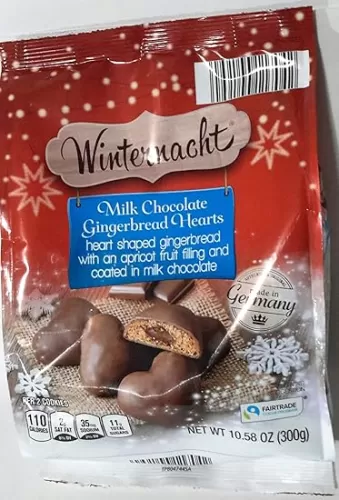 WINTERNACHT TRADITIONAL GERMAN MILK CHOCOLATE GINGERBREAD HEARTS - Heart Shaped Gingerbread Cookies with an Apricot Fruit Filling and Coated in Milk Chocolate