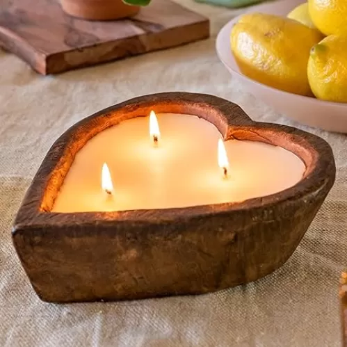 Wooden Dough Bowl Candles 6 Inch Heart, Wood Table Centerpiece Unscented Soy Candle Farmhouse Decor