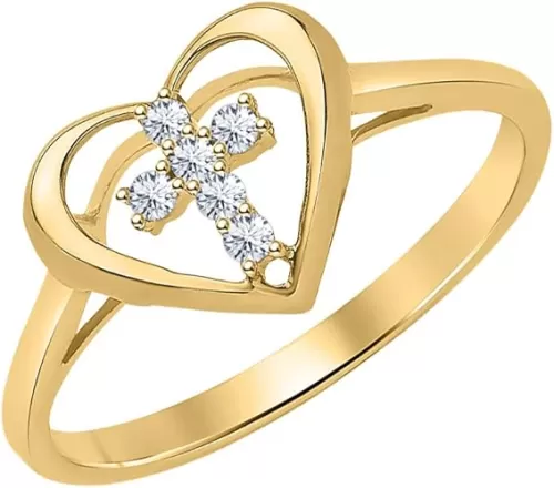 X'Mas Special 14K Yellow Gold Over .925 Sterling Silver Round Cut Created Gemstone Engagement Cross in Heart Ring for Women's