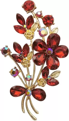 YOQUCOL Red Colour Zircon Crystal Poppy Flower Bouquet Shape Brooch Pins for Woman Gift