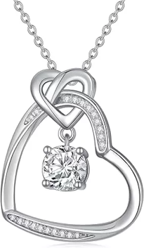 ZBA Natural Diamond Infinity Heart Necklace for Women, 14K White Gold Plated Sterling Silver Heart Pendant Necklace, Birthday Mothers Day Christmas Gifts for Her Mom Wife(Color F-G/Clarity SI1-I2)