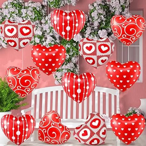 12 Pcs 12 Inch Valentine's Day Inflatable Heart Outdoor Decorations Large Valentine Heart Inflatable Hanging Ornaments PVC Love Outdoor Yard Decor for Wedding Anniversary