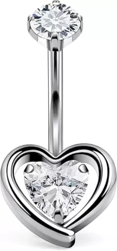 14G Astm F136 Titanium Internally Threaded Long Belly Button Ring Piercing Jewelry Heart Cubic Zirconia Navel Rings Stud Belly Barbell Piercing Jewelry for Women 10MM 12MM 14MM Belly Bars