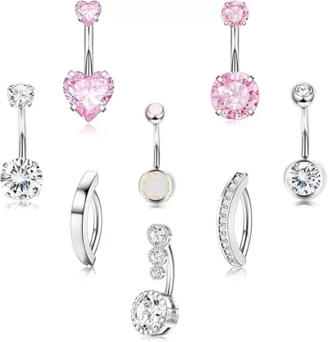 14G Belly Button Rings, Stainless Steel Diamond Belly Rings For Women, Belly Button Rings Hoop Cilcker, Pink Heart CZ Navel Piercings Pack Silver/Gold