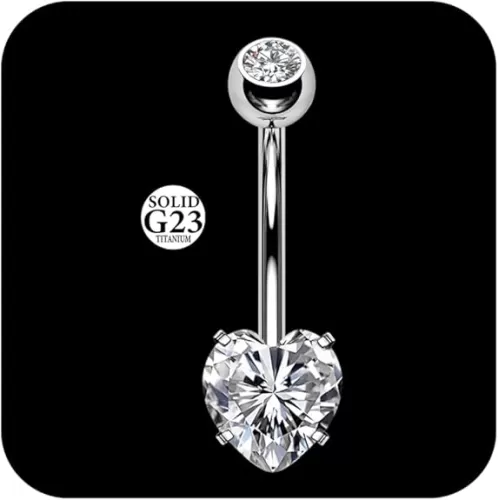 14G G23 Titanium Belly Button Rings for Women, Implant Grade, Internal Thread Pink Heart Gem Hypoallergenic, Available in 8mm-16mm Long Bar for Navel Piercing Healing