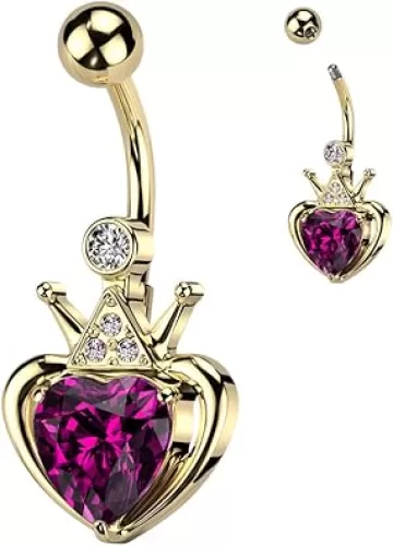 14G Gold PVD Curved Barbell Belly Button Piercing w/Royal Crown & Heart Shaped Purple Gem