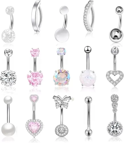 15Pcs Pink Heart Belly Button Ring Piercing 14G Surgical Stainless Steel Navel Piercing Jewelry CZ Opal Pearl Butterfly Clicker Belly Button Rings for Women Gold/Silver