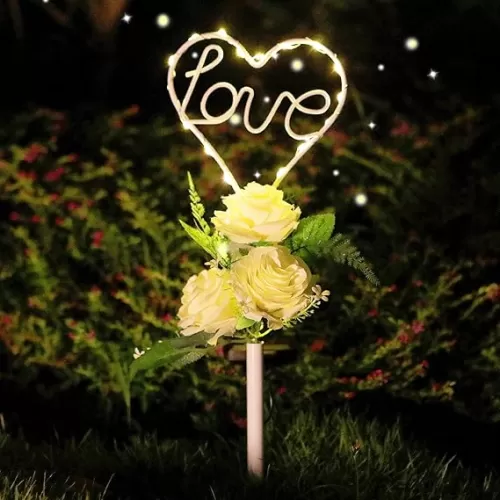 16 Inch Solar Heart Garden Stake Lights with 3 Artificial Flowers Metal Garden Art for Patio Lawn Garden Decor Solar Outdoor Love Sign for Gravesites Memorial and Ideal Gifts for Loved Ones