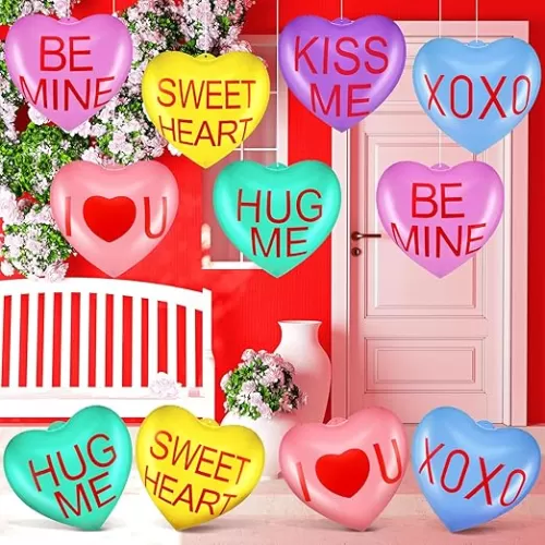 18 Pcs 12'' Valentine‘s Day Inflatable Heart Outdoor Decorations Large Inflatable Conversation Hearts Valentines Hanging Ornaments for Yard Decors Wedding Anniversary Party(Sweet)