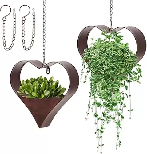 2 Pack Metal Plant Hangers Indoor and Outdoor Rustic Heart Shape Hanging Planters Holder Detachable Flower Pot with Hooks Chains Drain Hole Birthday Gifts for Women Mom Garden Lovers Home Decor