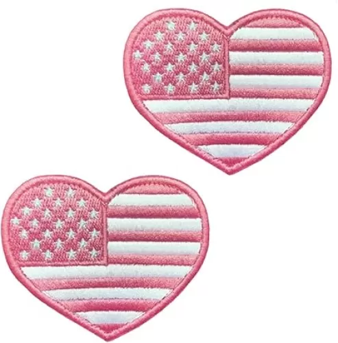 2 Pcs American Flag Patch Compatible Love & Heart Shape Flag Patch Embroidered Applique Fastener Hook Loop Girls USA Emblem Patches for Bags, Caps, Jeans, Clothes, Vests Uniforms
