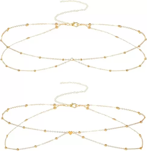 2 Pcs Gold Waist Chain Adjustable Rope Waist Chains Layered Satellite Beach Body Chain Waterproof Bikini Belly Chains Boho Heart Pendant Belly Belt Dainty Summer Jewelry Accessories for Women