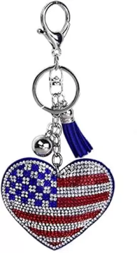2 Pcs Sparkling Heart Shaped Rhinestone American Flag Pendant with Tassel Keychain for Purse Cars Decoration