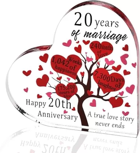 20 Years of Marriage Gift 20th Wedding Anniversary Décor Gifts for Him Her Acrylic Heart Shaped Plaque for Wife Husband 20 Year Wedding Anniversary Desk Decorations for Women Men Table Center Pieces