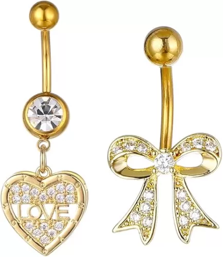 2Pcs 14G Heart Bow Belly Button Rings 316L Stainless Steel Cubic Zirconia Belly Navel Curved Barbell Letter Love Bowknot Belly Piercing Jewelry for Women