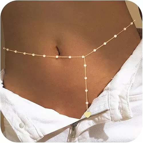 2PCS 14K Gold Plated Waist Chain Layered Pearl Cuban Beaded Satellite Figaro Belly Body Chain Boho Beach Waist Chains For Women Adjustable Waterproof Sexy Bikini Body Chain Jewelry For Women